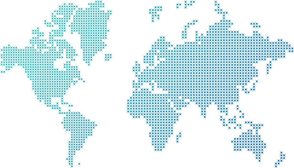 World map composed of blue digital star-like shapes on transparent background.